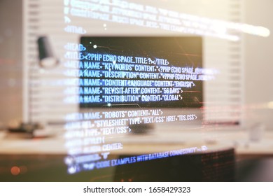 Double exposure of abstract creative programming illustration on computer background, big data and blockchain concept