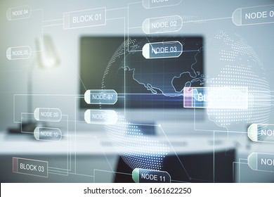 Double exposure of abstract creative programming illustration with world map on computer background, big data and blockchain concept