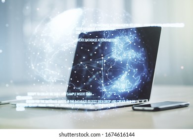 Double exposure of abstract creative programming illustration with world map on computer background, big data and blockchain concept