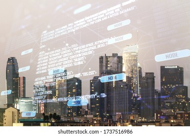 Double exposure of abstract creative programming illustration on Los Angeles office buildings background, big data and blockchain concept