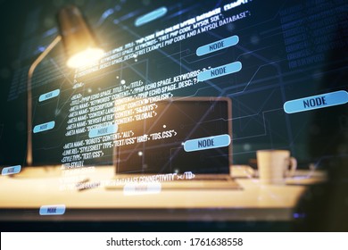 Double exposure of abstract creative programming illustration on computer background, big data and blockchain concept