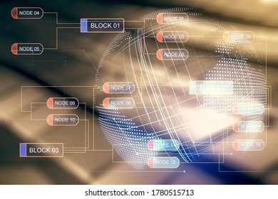 Double exposure of abstract creative programming illustration and world map on shiny metal background, big data and blockchain concept