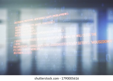 Double exposure of abstract creative programming illustration on empty room interior background, big data and blockchain concept