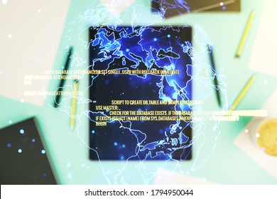 Double exposure of abstract creative programming illustration with world map and modern digital tablet on background, big data and blockchain concept