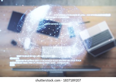 Double exposure of abstract creative programming illustration with world map on computer background, big data and blockchain concept