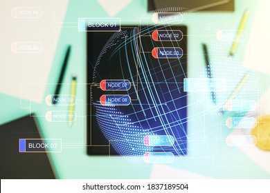 Double exposure of abstract creative programming illustration with world map and modern digital tablet on background, big data and blockchain concept - Powered by Shutterstock - Get 15% off with code: PIKWIZARD15