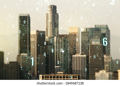 Double exposure of abstract creative programming illustration and world map on Los Angeles office buildings background, big data and blockchain concept