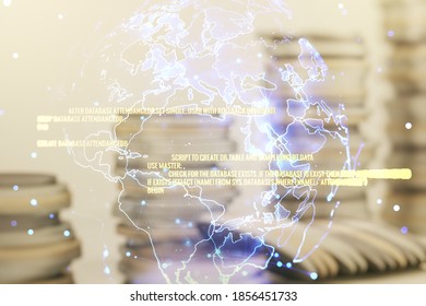 Double exposure of abstract creative programming illustration and world map on growing coins stacks background, big data and blockchain concept