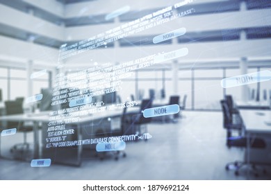 Double exposure of abstract creative programming illustration on a modern furnished office interior background, big data and blockchain concept
