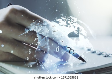 Double exposure of abstract creative programming illustration with world map and man hand writing in notepad on background, big data and blockchain concept