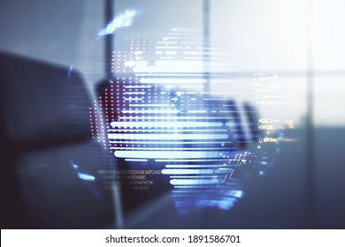 Double exposure of abstract creative programming illustration and world map on a modern boardroom background, big data and blockchain concept