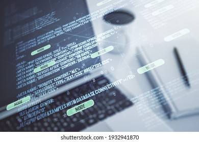 Double exposure of abstract creative programming illustration on computer background, big data and blockchain concept