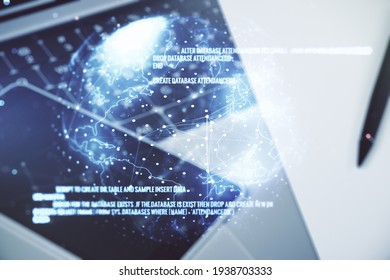 Double exposure of abstract creative programming illustration with world map on computer background, big data and blockchain concept