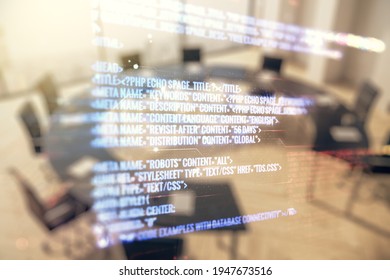 Double exposure of abstract creative programming illustration on a modern boardroom background, big data and blockchain concept