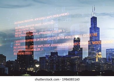 Double exposure of abstract creative programming illustration on Chicago office buildings background, big data and blockchain concept