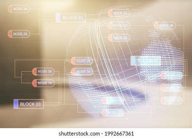 Double exposure of abstract creative programming illustration and world map on empty room interior background, big data and blockchain concept