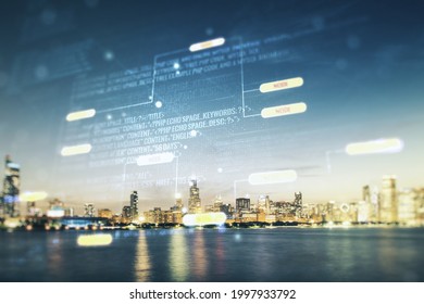 Double exposure of abstract creative programming illustration on Chicago office buildings background, big data and blockchain concept - Powered by Shutterstock - Get 15% off with code: PIKWIZARD15