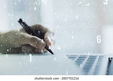 Double Exposure Of Abstract Creative Programming Illustration With World Map And Hand Writing In Notepad On Background With Laptop, Big Data And Blockchain Concept