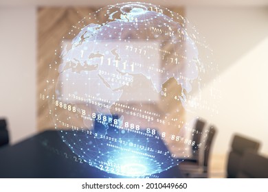 Double Exposure Of Abstract Creative Programming Illustration And World Map On A Modern Boardroom Background, Big Data And Blockchain Concept