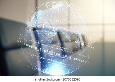 Double Exposure Of Abstract Creative Programming Illustration And World Map On A Modern Boardroom Background, Big Data And Blockchain Concept