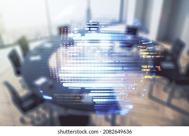 Double Exposure Of Abstract Creative Programming Illustration And World Map On A Modern Boardroom Background, Big Data And Blockchain Concept