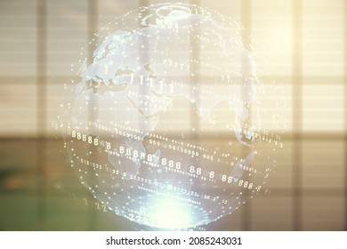 Double exposure of abstract creative programming illustration and world map on empty room interior background, big data and blockchain concept