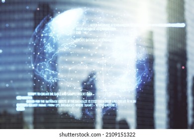 Double exposure of abstract creative programming illustration and world map on blurry cityscape background, big data and blockchain concept