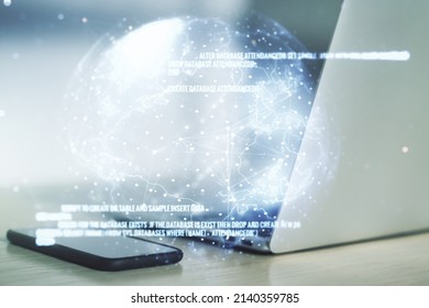 Double exposure of abstract creative programming illustration with world map on computer background, big data and blockchain concept
