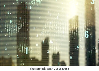 Double exposure of abstract creative programming illustration and world map on blurry cityscape background, big data and blockchain concept