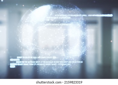 Double exposure of abstract creative programming illustration and world map on empty room interior background, big data and blockchain concept