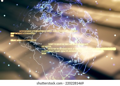 Double exposure of abstract creative programming illustration and world map on shiny metal background, big data and blockchain concept