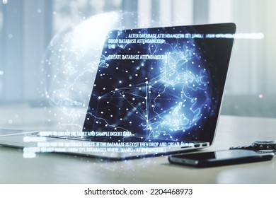 Double exposure of abstract creative programming illustration with world map on computer background, big data and blockchain concept