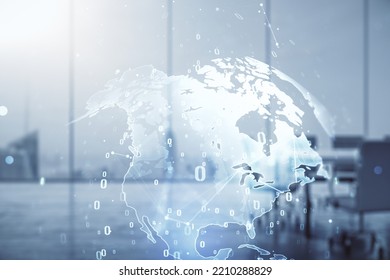 Double exposure of abstract creative programming illustration and world map on a modern boardroom background, big data and blockchain concept