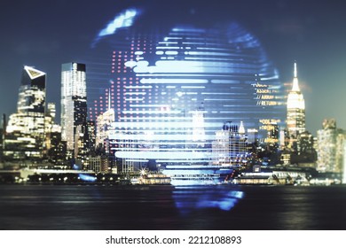 Double exposure of abstract creative programming illustration and world map on New York city office buildings background, big data and blockchain concept