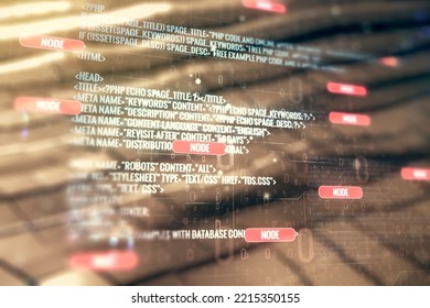 Double exposure of abstract creative programming illustration on shiny metal background, big data and blockchain concept
