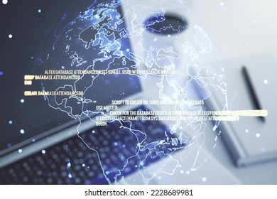 Double exposure of abstract creative programming illustration with world map on computer background, big data and blockchain concept