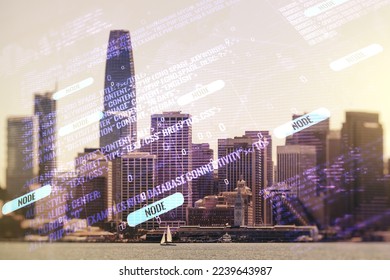 Double exposure of abstract creative programming illustration and world map on San Francisco office buildings background, big data and blockchain concept