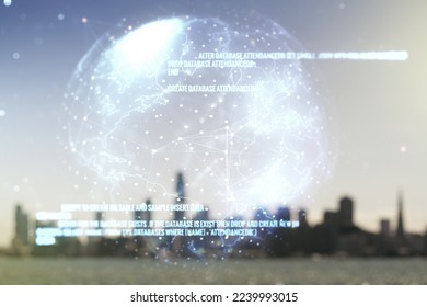 Double exposure of abstract creative programming illustration and world map on blurry office buildings background, big data and blockchain concept