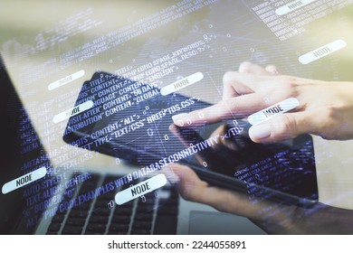 Double exposure of abstract creative programming illustration with world map and finger clicks on a digital tablet on background, big data and blockchain concept