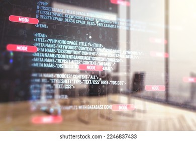 Double exposure of abstract creative programming illustration and modern desk with computer on background, big data and blockchain concept