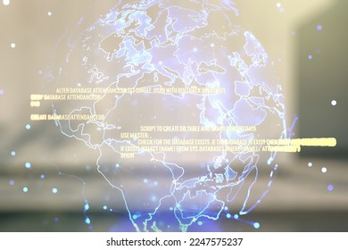 Double exposure of abstract creative programming illustration and world map on contemporary business center exterior background, big data and blockchain concept