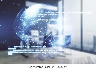 Double exposure of abstract creative programming illustration with world map and modern desk with computer on background, big data and blockchain concept