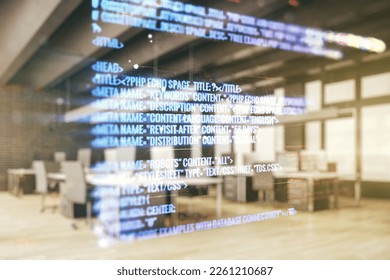 Double exposure of abstract creative programming illustration on a modern furnished office interior background, big data and blockchain concept