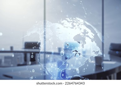 Double exposure of abstract creative programming illustration and world map on a modern boardroom background, big data and blockchain concept