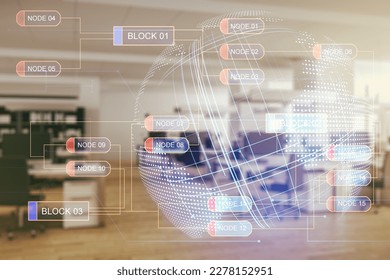 Double exposure of abstract creative programming illustration and world map on a modern furnished office interior background, big data and blockchain concept