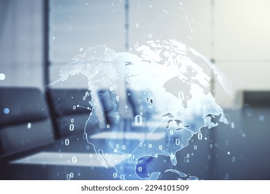 Double exposure of abstract creative programming illustration and world map on a modern boardroom background, big data and blockchain concept