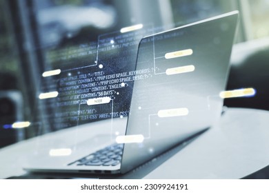 Double exposure of abstract creative programming illustration on computer background, big data and blockchain concept - Powered by Shutterstock - Get 15% off with code: PIKWIZARD15