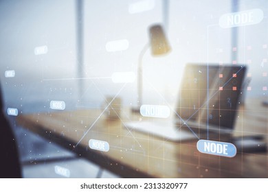 Double exposure of abstract creative programming illustration on computer background, big data and blockchain concept
