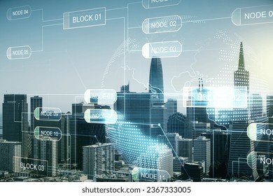 Double exposure of abstract creative programming illustration and world map on San Francisco office buildings background, big data and blockchain concept - Powered by Shutterstock