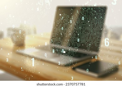 Double exposure of abstract creative programming illustration with world map and modern desk with computer on background, big data and blockchain concept